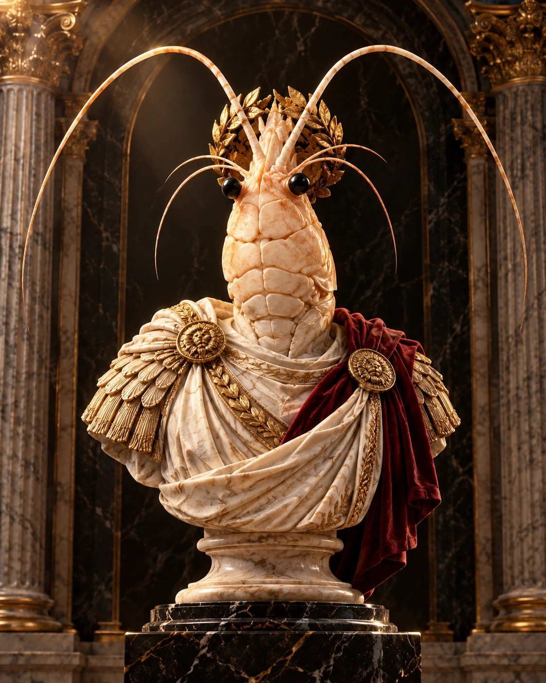 A marble bust of the shrimp emperor crowned with gold laurels